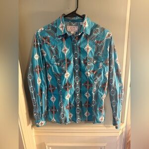 Panhandle Blue and White Geometric Casual Shirt Small